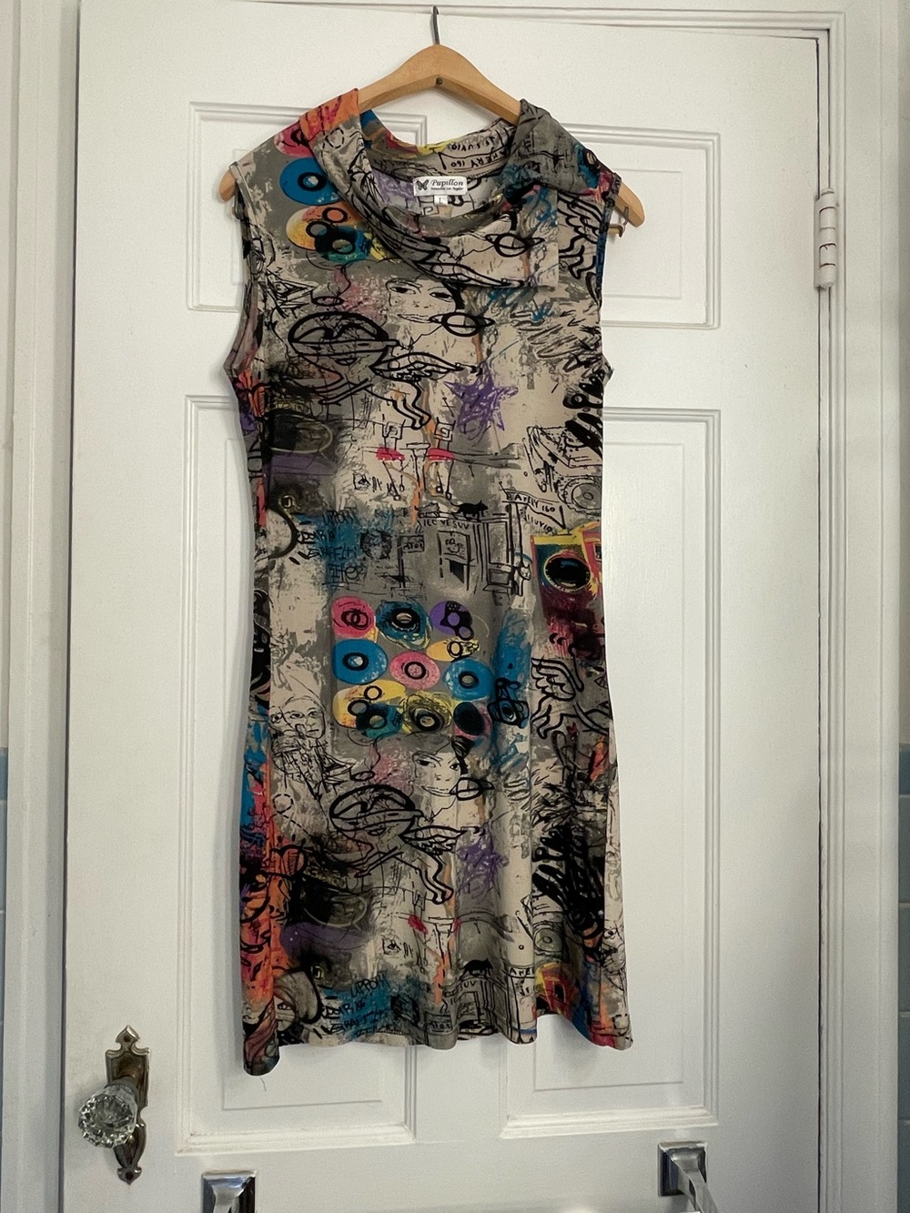 Sleeveless Abstract Print Dress in Beige with Multicolor Accents